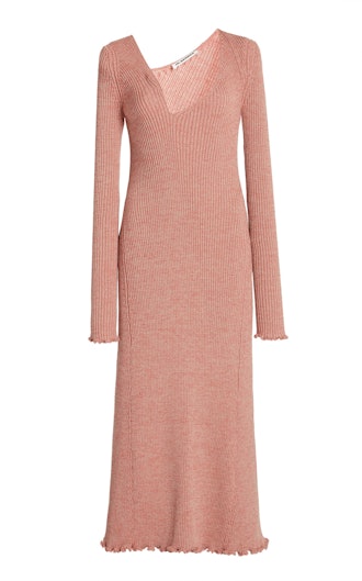 Asymmetric Neckline Ribbed Wool-Blend Dress 