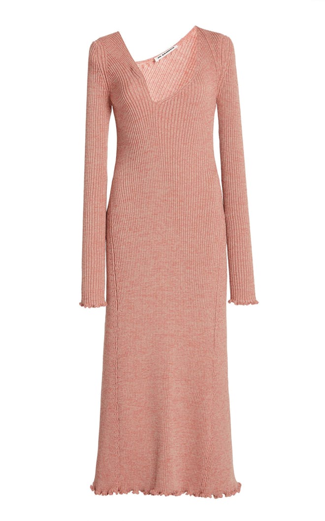 Asymmetric Neckline Ribbed Wool-Blend Dress 