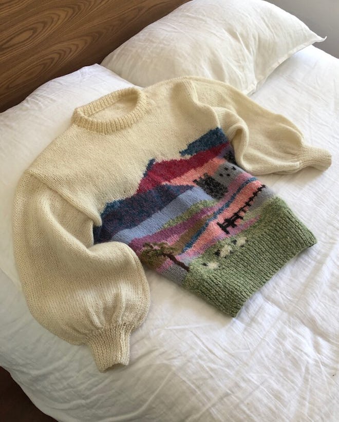 Vintage Hand Knit Puffed Sleeve Farm Scenic Sweater