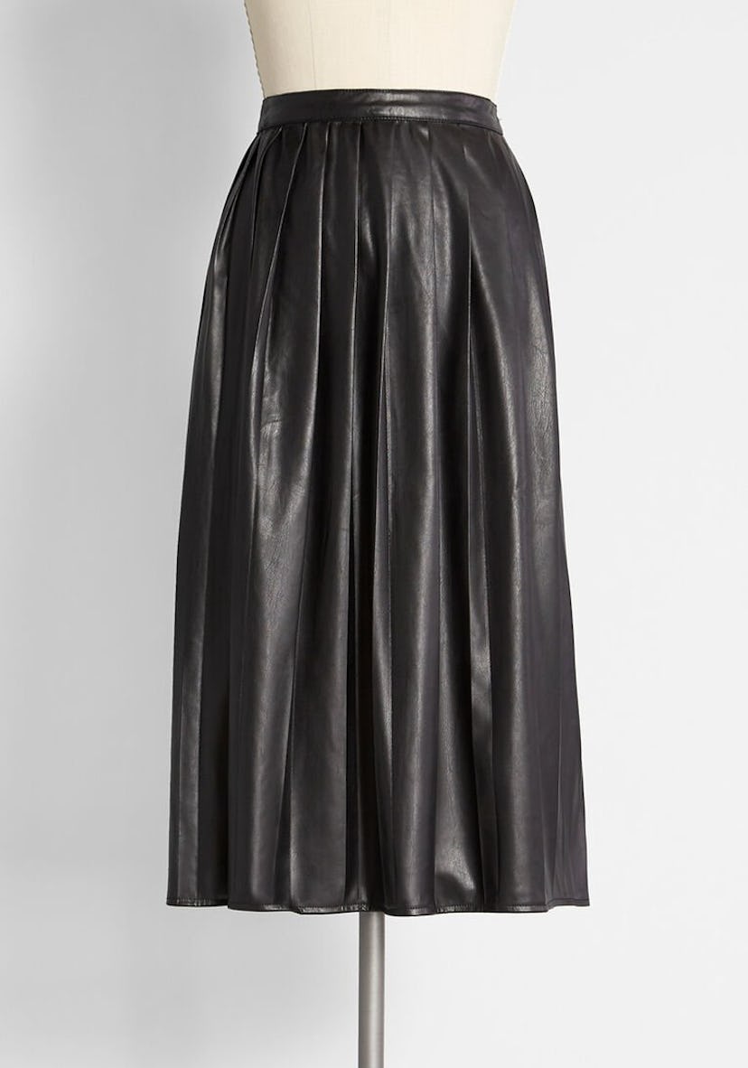Sleek Pleats Faux-Leather Midi Skirt
