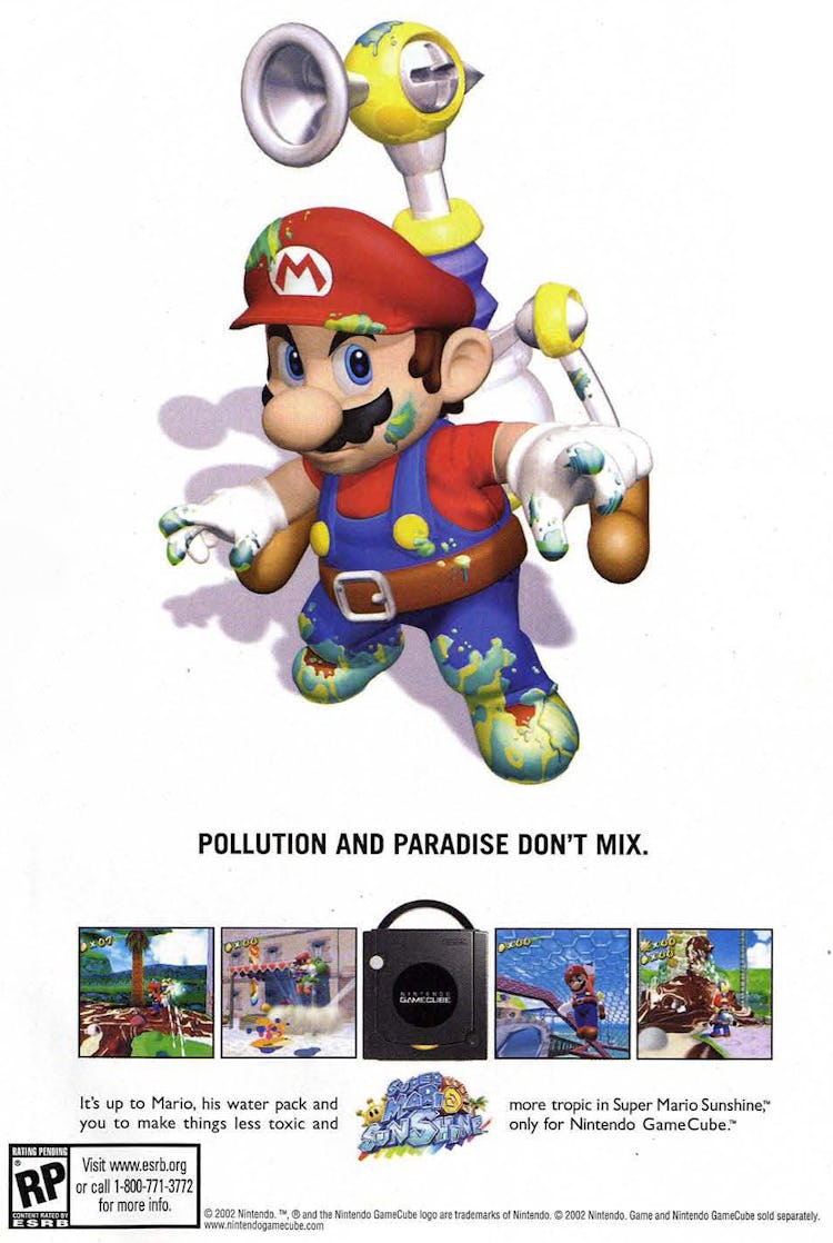 An ad for Super Mario Sunshine that says "Pollution and paradise don't mix."