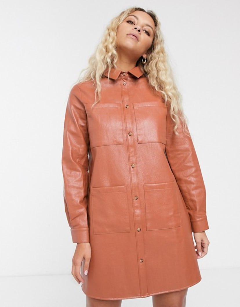 oversized leather look shirt dress in rust