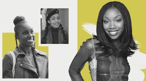 A collage of Alicia Keys, Yara Shahidi, and Brandy as black hair representation on Television faces