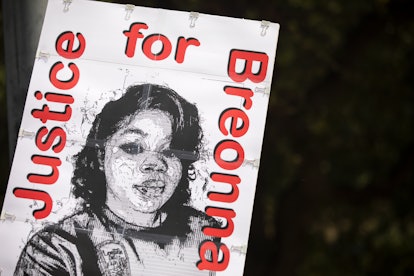 A black and white protest sign with Breonna Taylor and the words Justice For Breonna.