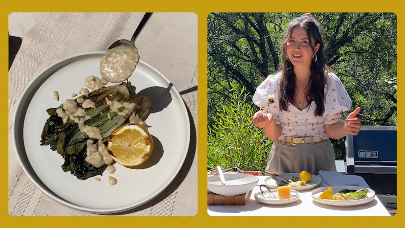 A collage of Alexandra Machover and a grilled caesar salad served on a plate