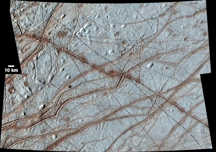 Europa's surface, which features a wide-ranging network of cracks, ridges, and bands.