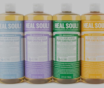 Line of Dr. Bronner's soaps with Heal Soul! label