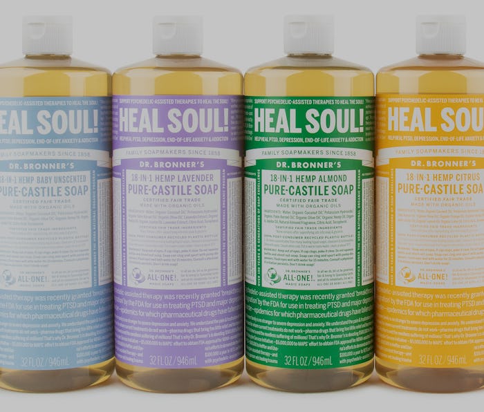 Line of Dr. Bronner's soaps with Heal Soul! label