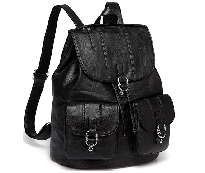 VASCHY Fashion Faux Leather Buckle Flap Drawstring Backpack
