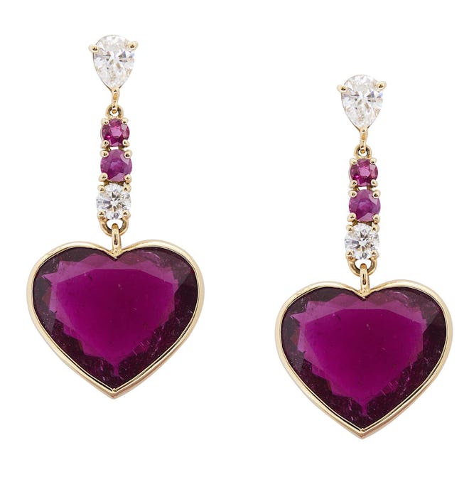 Diamond Rubellite Ruby Heart Earrings