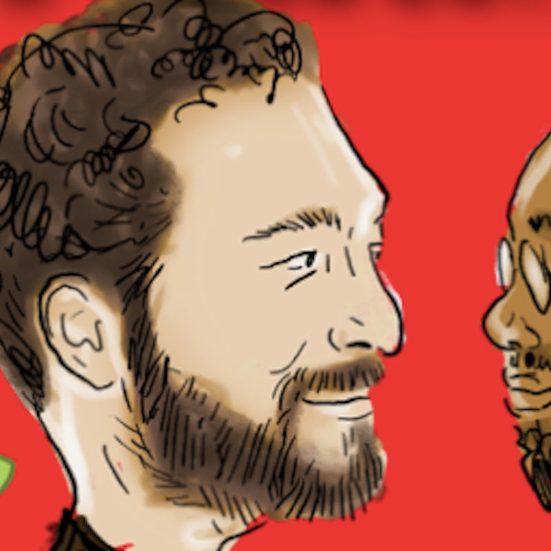 Illustration of the faces of Seena Ghaznavi and Justin Williams on a red background