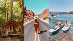 Three desert destinations. A cottage in the woods, a woman going down an empty road, women in kayaks