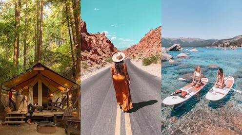 Three desert destinations. A cottage in the woods, a woman going down an empty road, women in kayaks