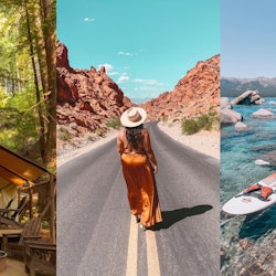 Three desert destinations. A cottage in the woods, a woman going down an empty road, women in kayaks