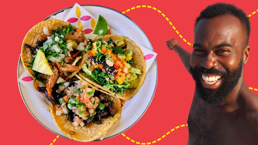 Collage of Will Edmond and vegan Mexican food