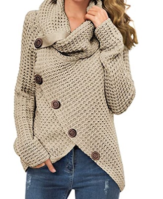 GRECERELLE Women's Cowl Neck Asymmetric Wrap Sweater