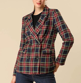 Allegra K Women's Notched Lapel Double Breasted Plaid Work Blazer