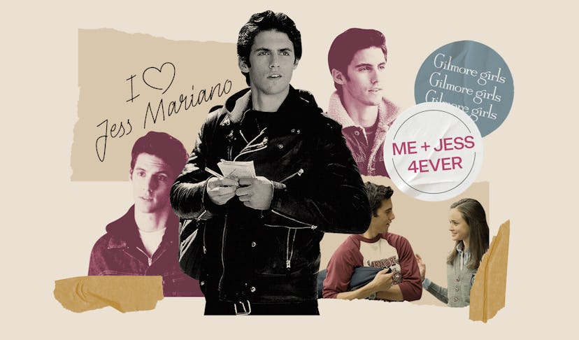 A collage of various photos of Milo Ventimiglia as Jess Mariano in Gilmore Girls 