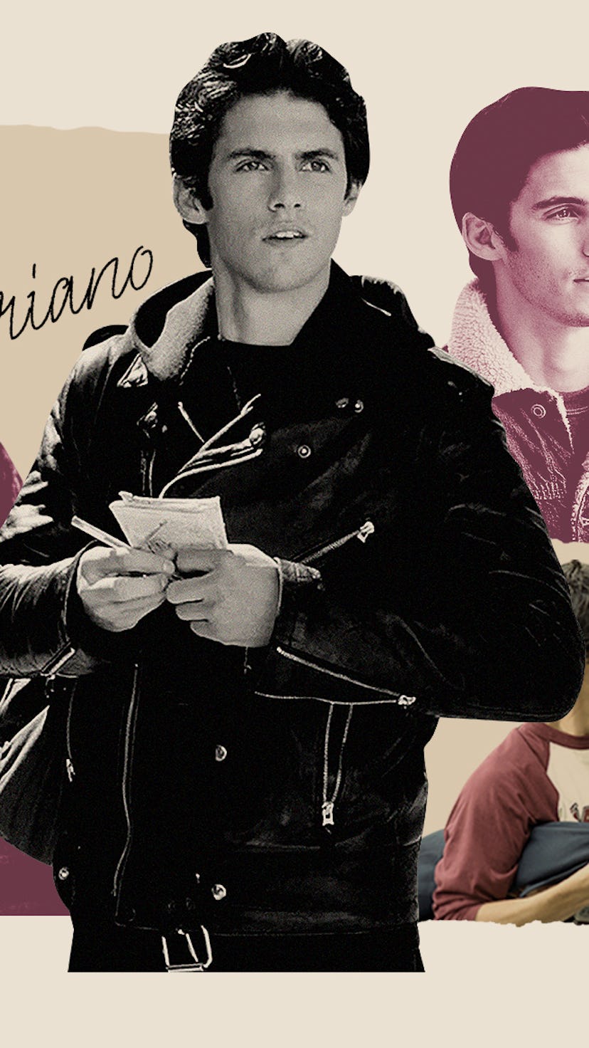 A collage of various photos of Milo Ventimiglia as Jess Mariano in Gilmore Girls