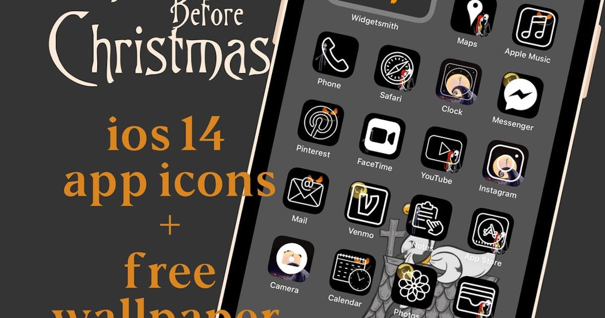 These 23 Halloween Ios 14 Home Screen Ideas Include Spooky Aesthetics the nightmare before christmas halloween ios 14 app icon covers free matching wallpaper