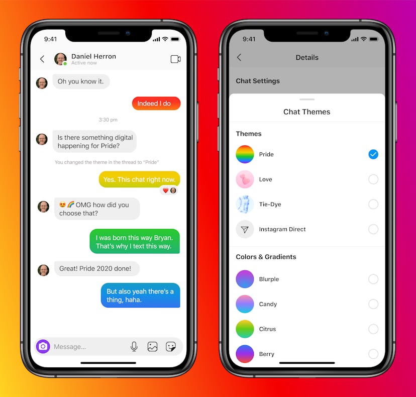 A screenshot of Instagram's newest feature, color themes in Instagram DMs 