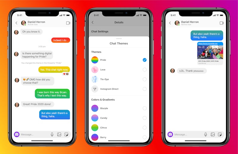A screenshot of Instagram's newest feature, color themes for Instagram DMs.