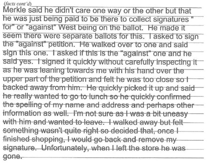 Screenshot of a voter's statement about their signature being stolen by Tyler Merkle