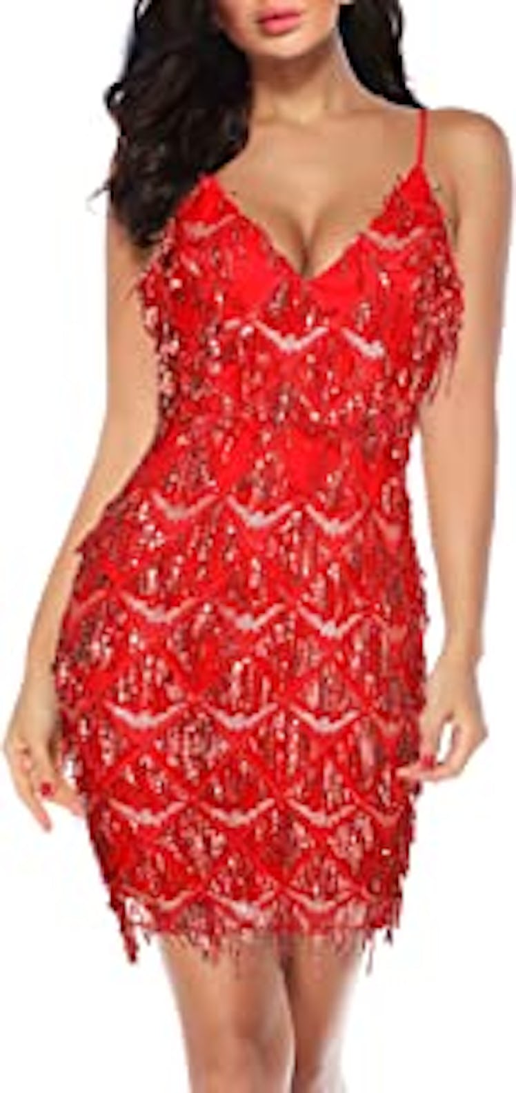 Women's Inspired Sequins Embellished Fringe Gatsby 1920s V Neck Club Prom Dress