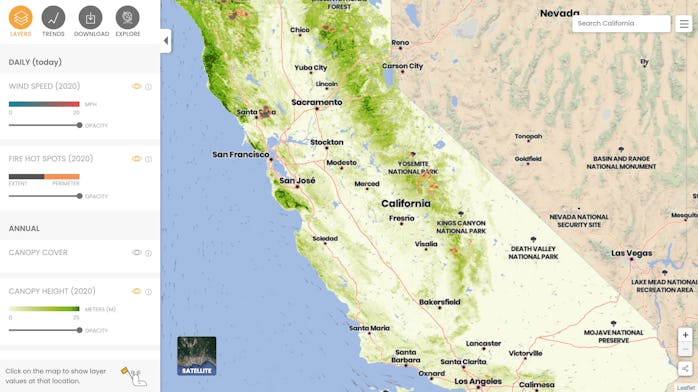 A screenshot of the California Forest Observatory's interactive wildfire map. This screenshot shows ...