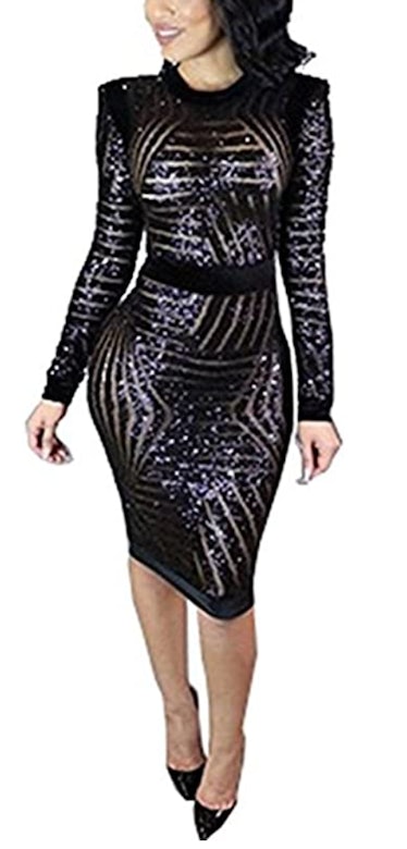 Kearia Black Sequin Long Sleeve Midi Dress