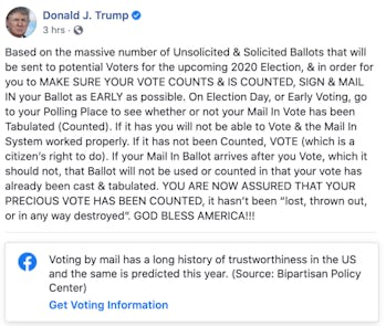 Facebook placed a label on President Trump's post about mail-in voting.