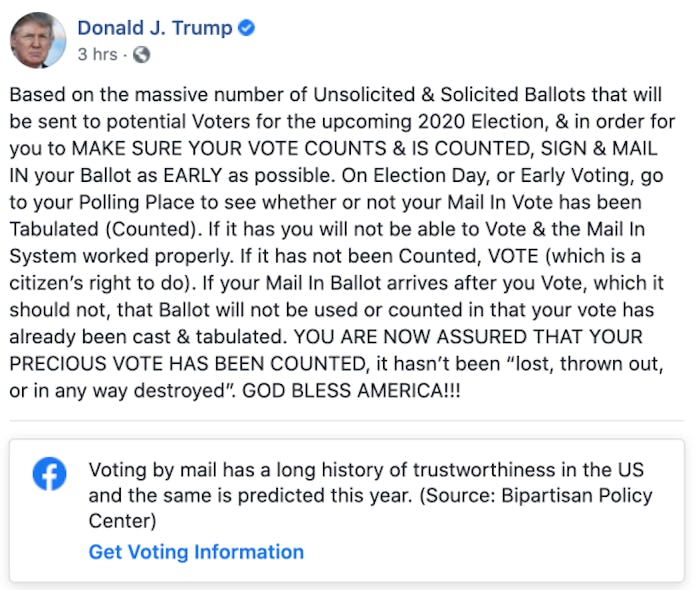 Facebook placed a label on President Trump's post about mail-in voting.