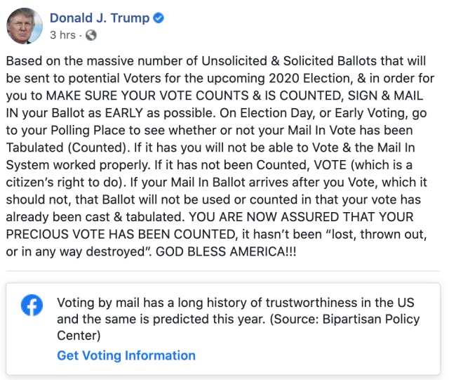 Facebook placed a label on President Trump's post about mail-in voting.