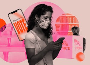 A black and white woman wearing a mask against a pink backdrop of get-out-the-vote images. Latinx co...