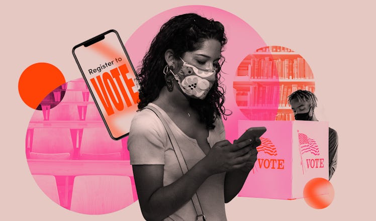 A black and white woman wearing a mask against a pink backdrop of get-out-the-vote images. Latinx co...