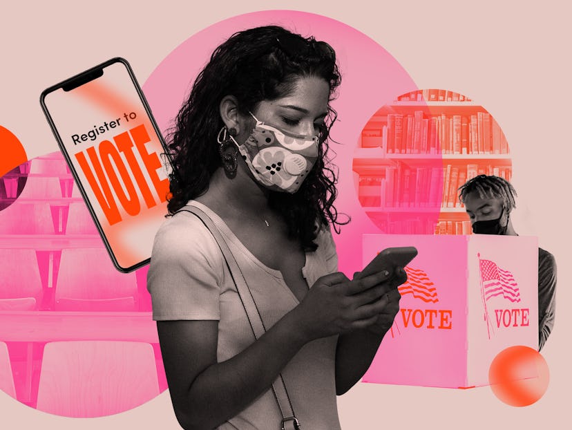 A black and white woman wearing a mask against a pink backdrop of get-out-the-vote images. Latinx co...