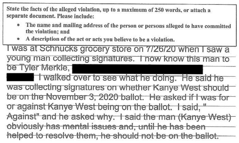 Screenshot of a voter's statement about their signature being stolen by Tyler Merkle