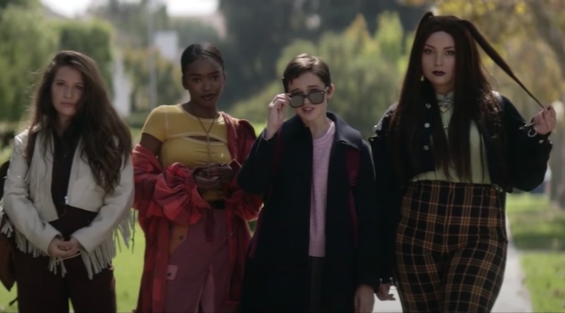 Gideon Adlon, Lovie Simone, Cailee Spaeny, and Zoey Luna in character as a coven of high school witc...