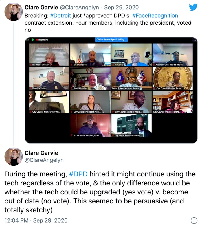 Tweet screenshot of council meeting with threaded tweet about police using facial recognition even w...