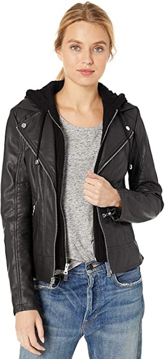 GUESS Women's Faux Leather Zip Front Scuba Jacket