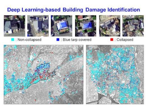 The distribution of damage estimated by the AI in two Japanese cities post-earthquakes