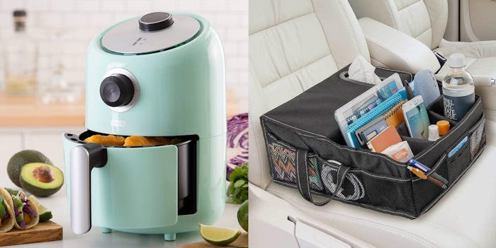 Collage of a high road car seat organizer and a dash compact air fryer