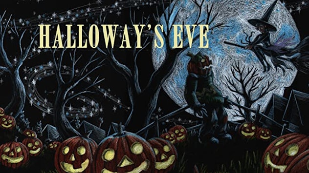 Cover art for 'Halloway's Eve' with a witch flying on a broom over a pumpkin patch