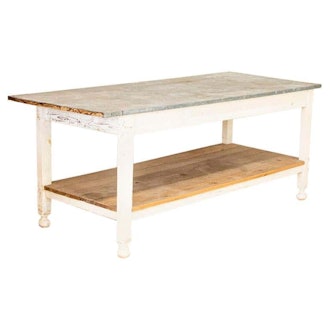 Antique White Painted Work Farm Table with Zinc Top