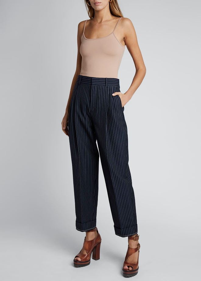 Pinstripe Wool High-Waist Cuff Pants