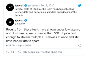SpaceX's Starlink internet service has demonstrated download speeds greater than 100 Mbps.