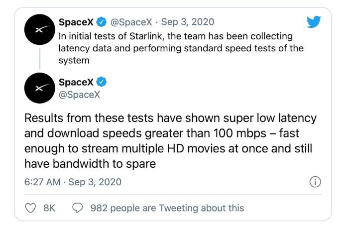 SpaceX's Starlink internet service has demonstrated download speeds greater than 100 Mbps.