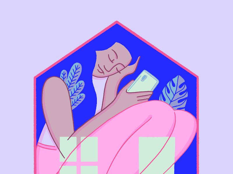 An illustration of a woman squashed in a tiny home, with her eyes closed, holding her phone 