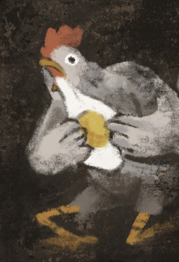 A painting of a chicken eating an egg.
