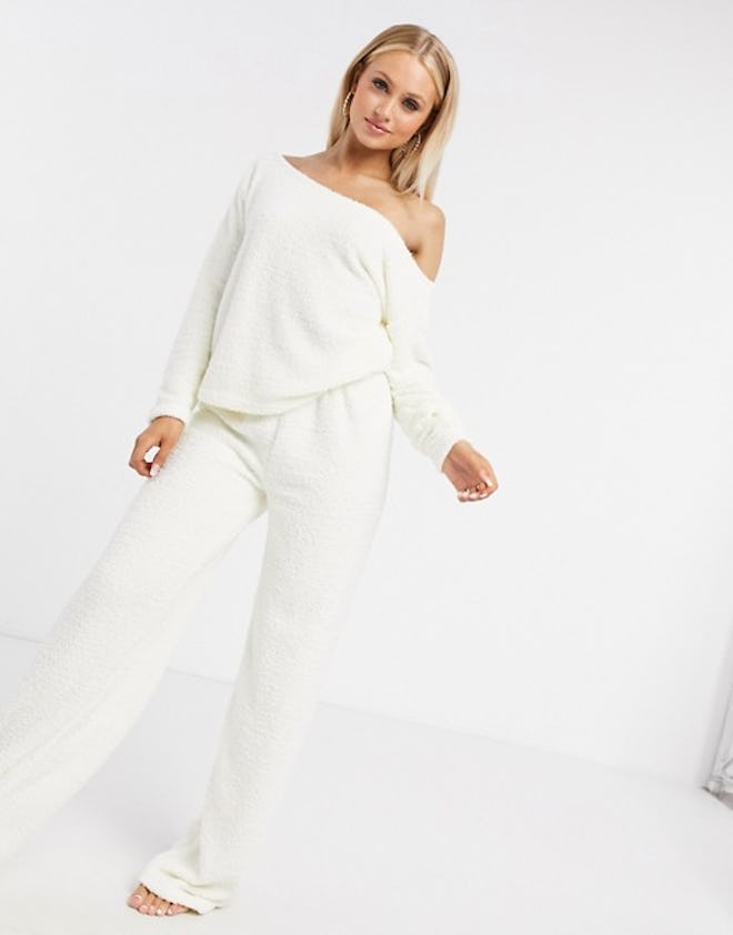 ASOS DESIGN mix & match lounge fluffy off shoulder sweat in cream